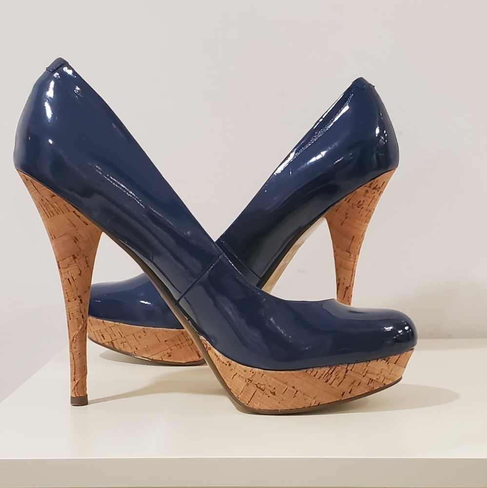 Guess Navy Blue Patent Leather Cork Stilettos 9.5
